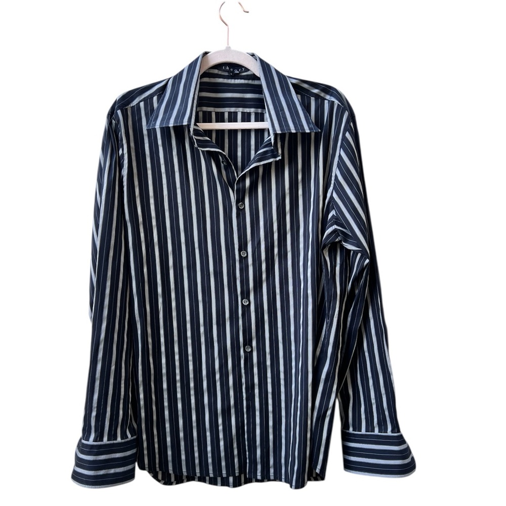 Theory Men’s Klaus Black Gray Stripes Cotton Button‎ Down Shirt Large